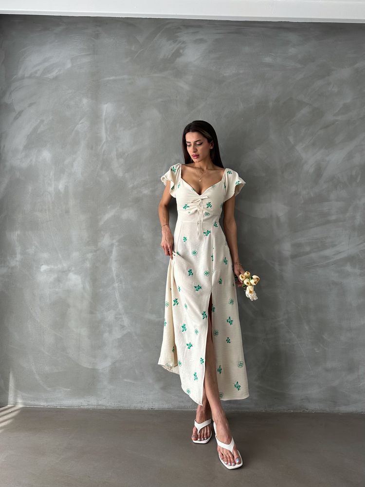 Topshow Zümrüt Desen Kolu Fırfırlı Bağlamalı Toptan Elbise